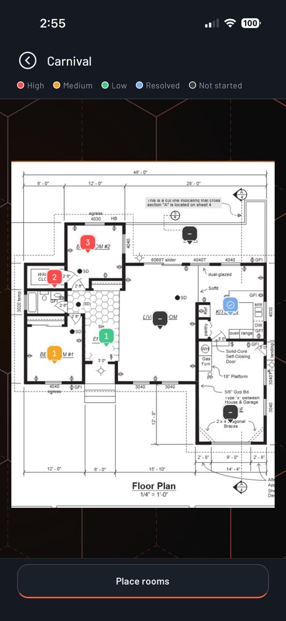 Snagsis floor plan with severity pins
